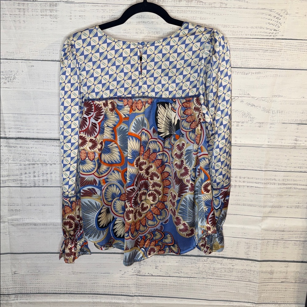 NWOT Printed Long-Sleeve Blouse in Light Blue and Multicolor - Picture 3 of 6